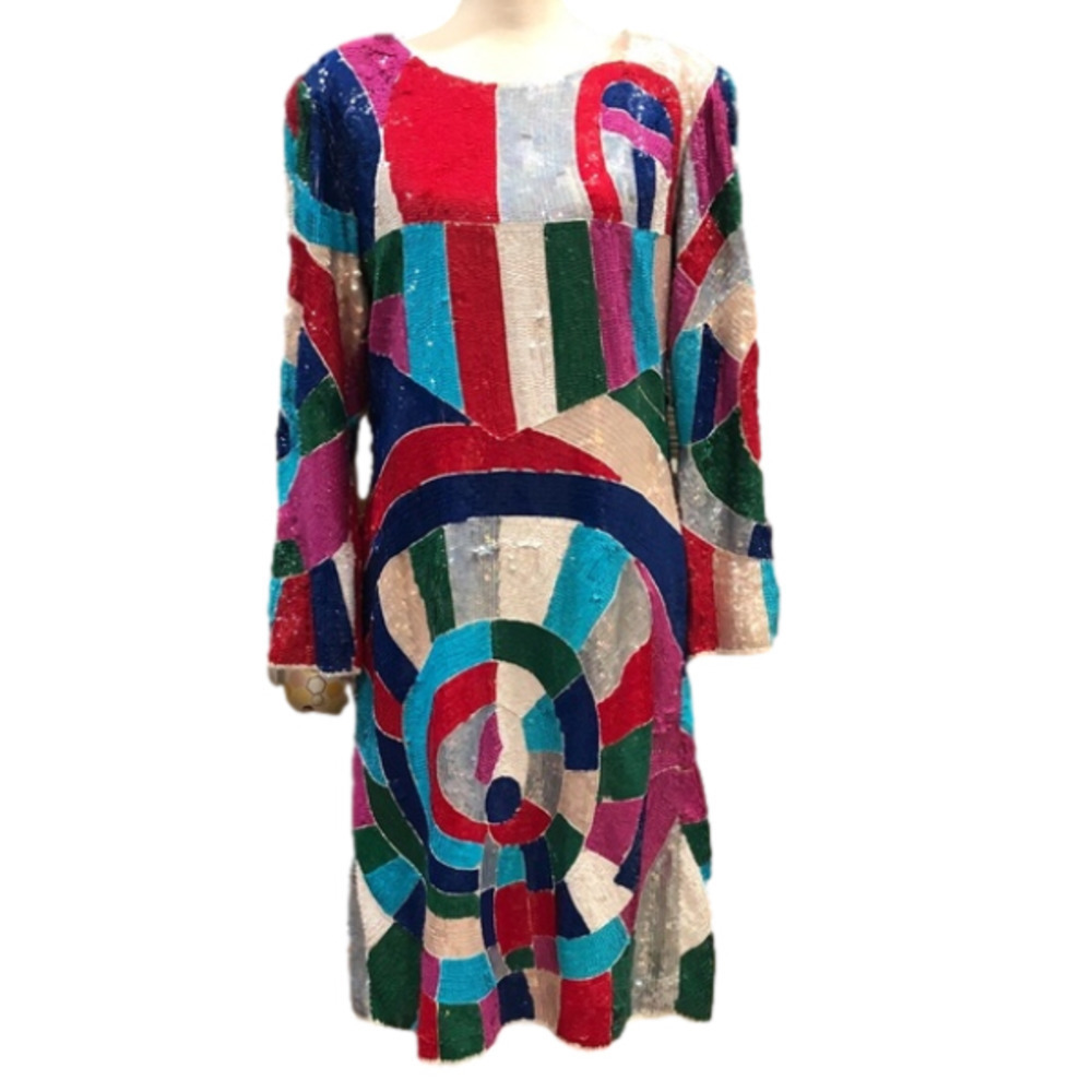 Vintage 1980s Morphew Pop Art Sequin Long Sleeve Cocktail Dress Size Medium 6